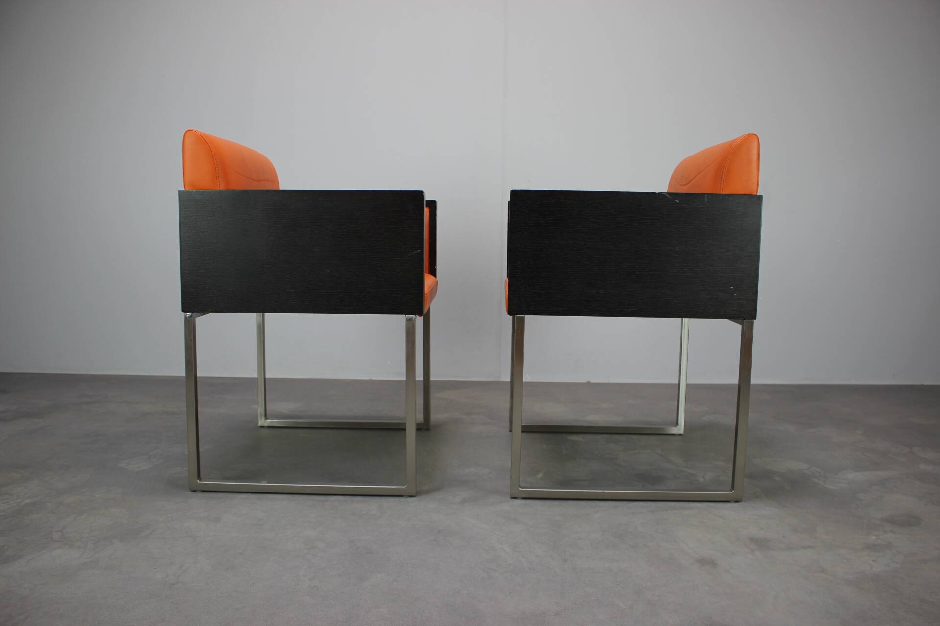 Pair of BOX 740 armchairs by Pedrali, Italy, Wenge Wood and Orange Fabric.