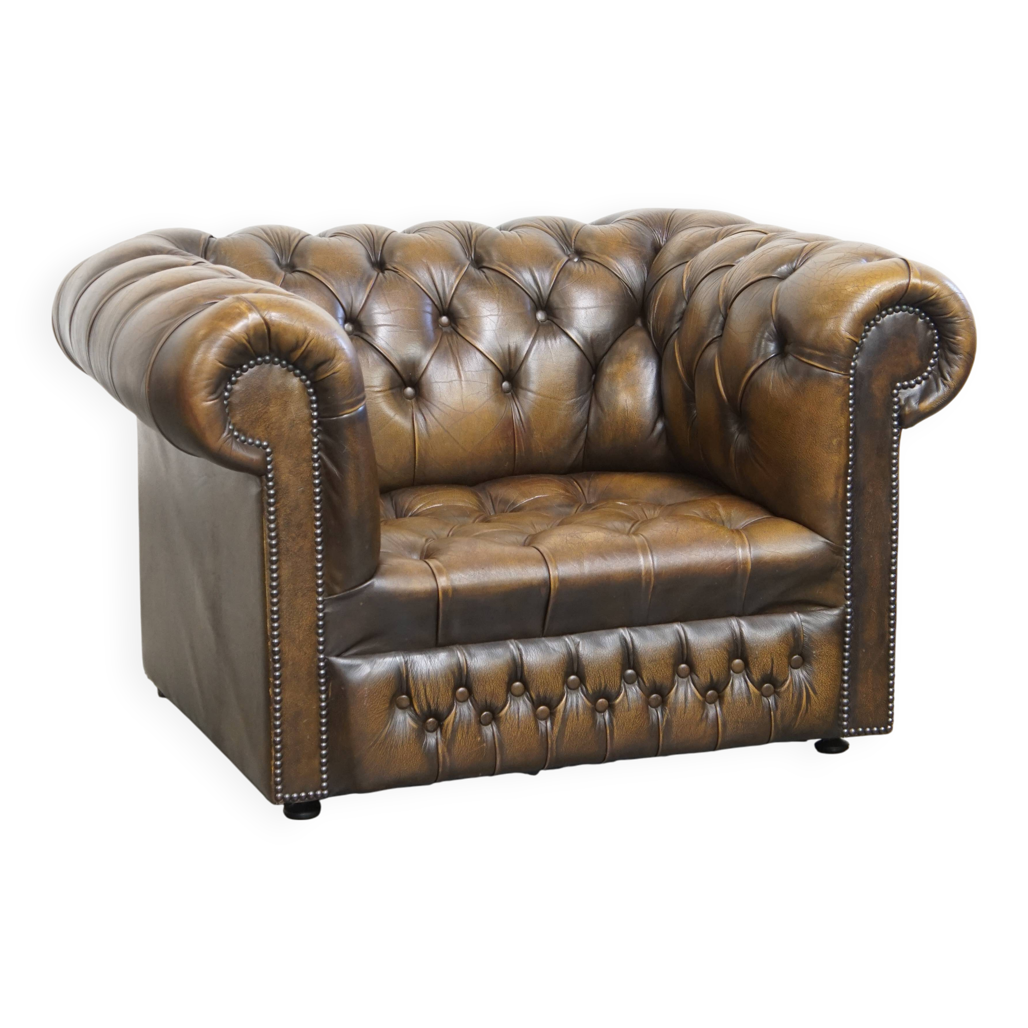 Fauteuil Chesterfield vintage en cuir de vache anglais