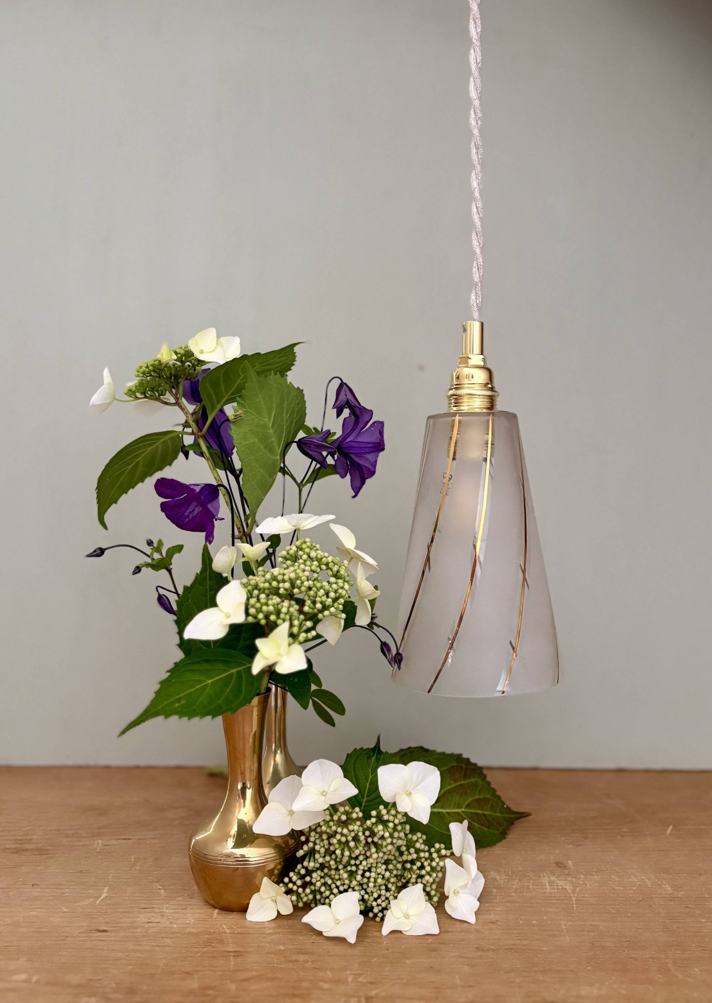 Vintage tulip pendant light in white frosted glass and gold trim