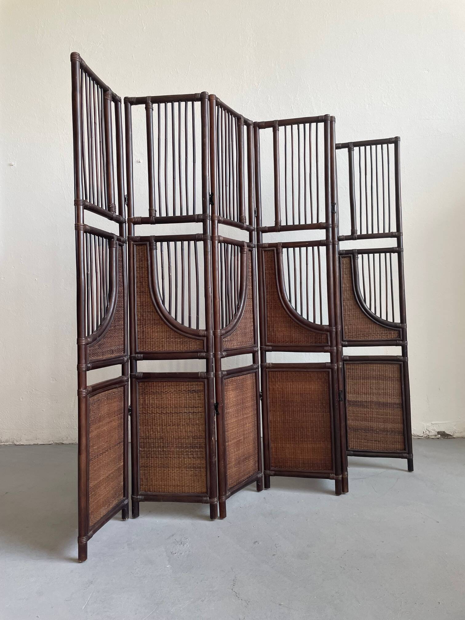 Vintage Six Panel Tinted Bamboo and Rattan Screen, Room Divider