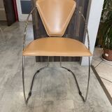 1 Linda armchair chair by Arrben in camel brown leather with a chrome steel frame.