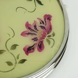 1930s rotatable cake platter glass chrome with pink and purple flower decor