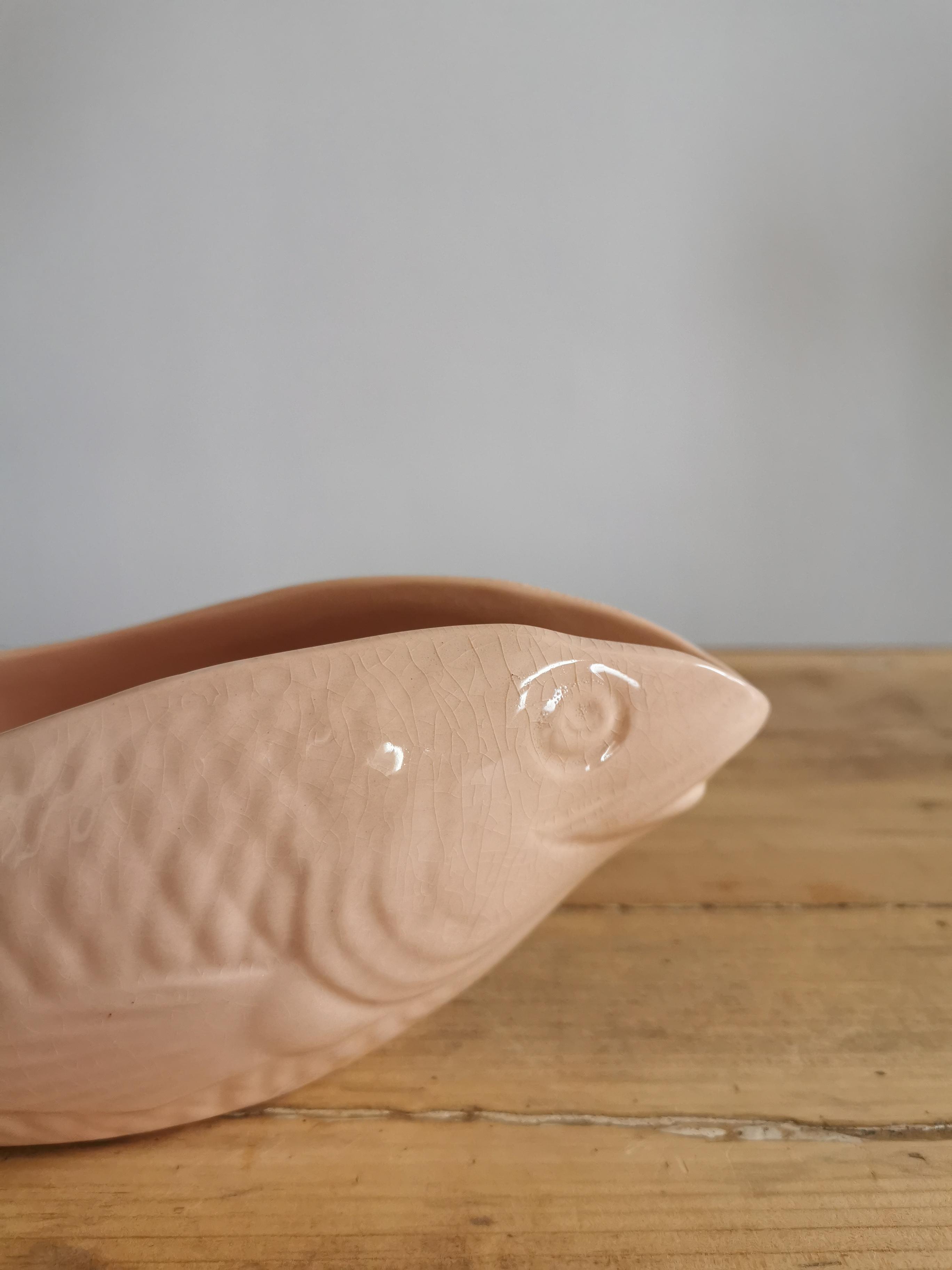 Pink ceramic fish saucière from Digoin, vintage