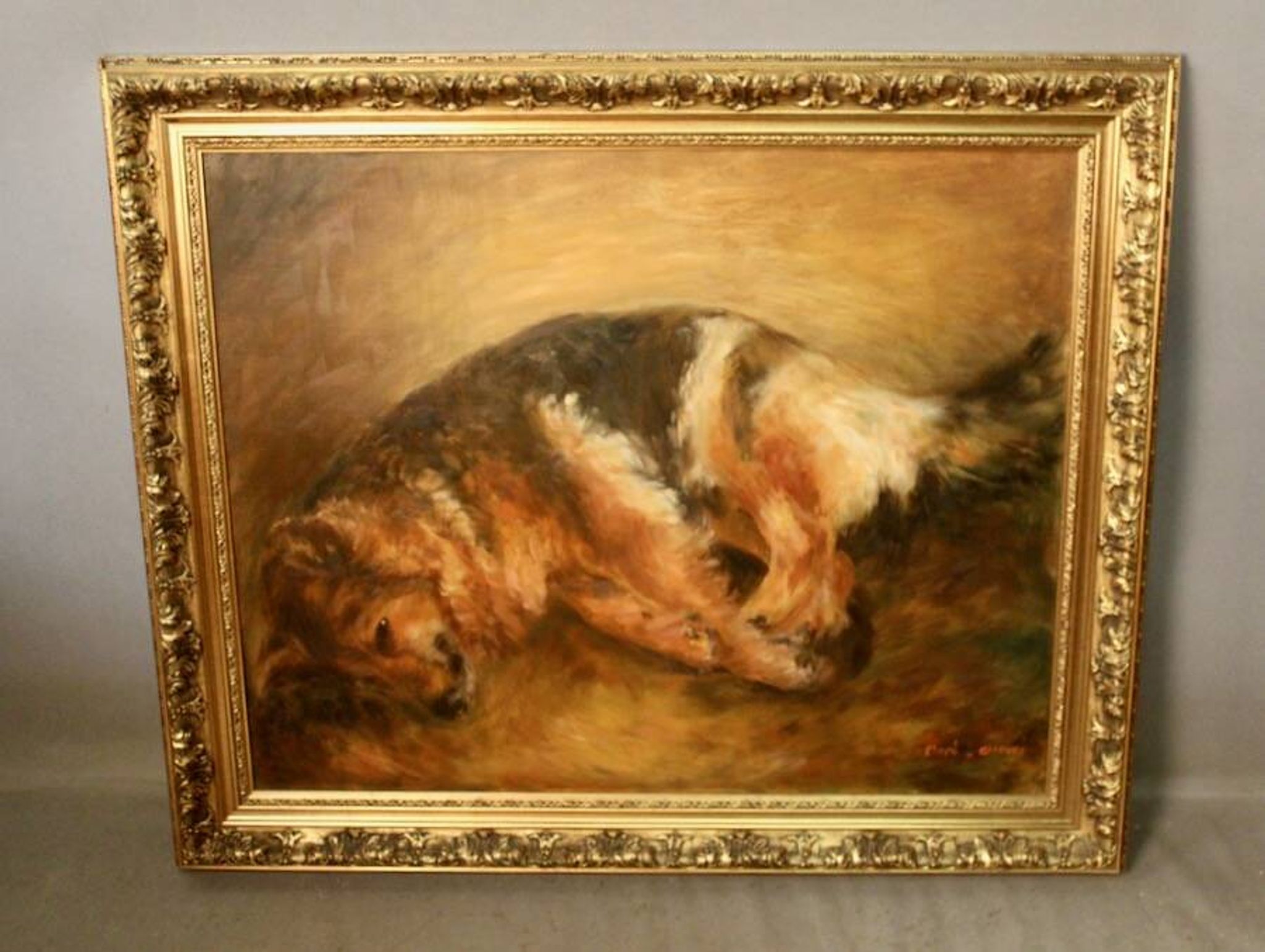 Oil on canvas "Dog resting" framed and signed