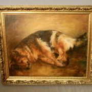 Oil on canvas "Dog resting" framed and signed