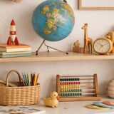 Vintage 1960 golden terrestrial globe by Taride, tripod world map - 28 cm