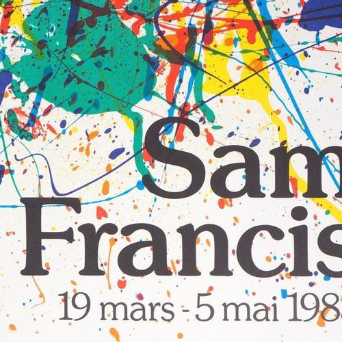 Affiche d'exposition réalisée en lithographie originale Sam Francis, explosion de couleurs, 1983.