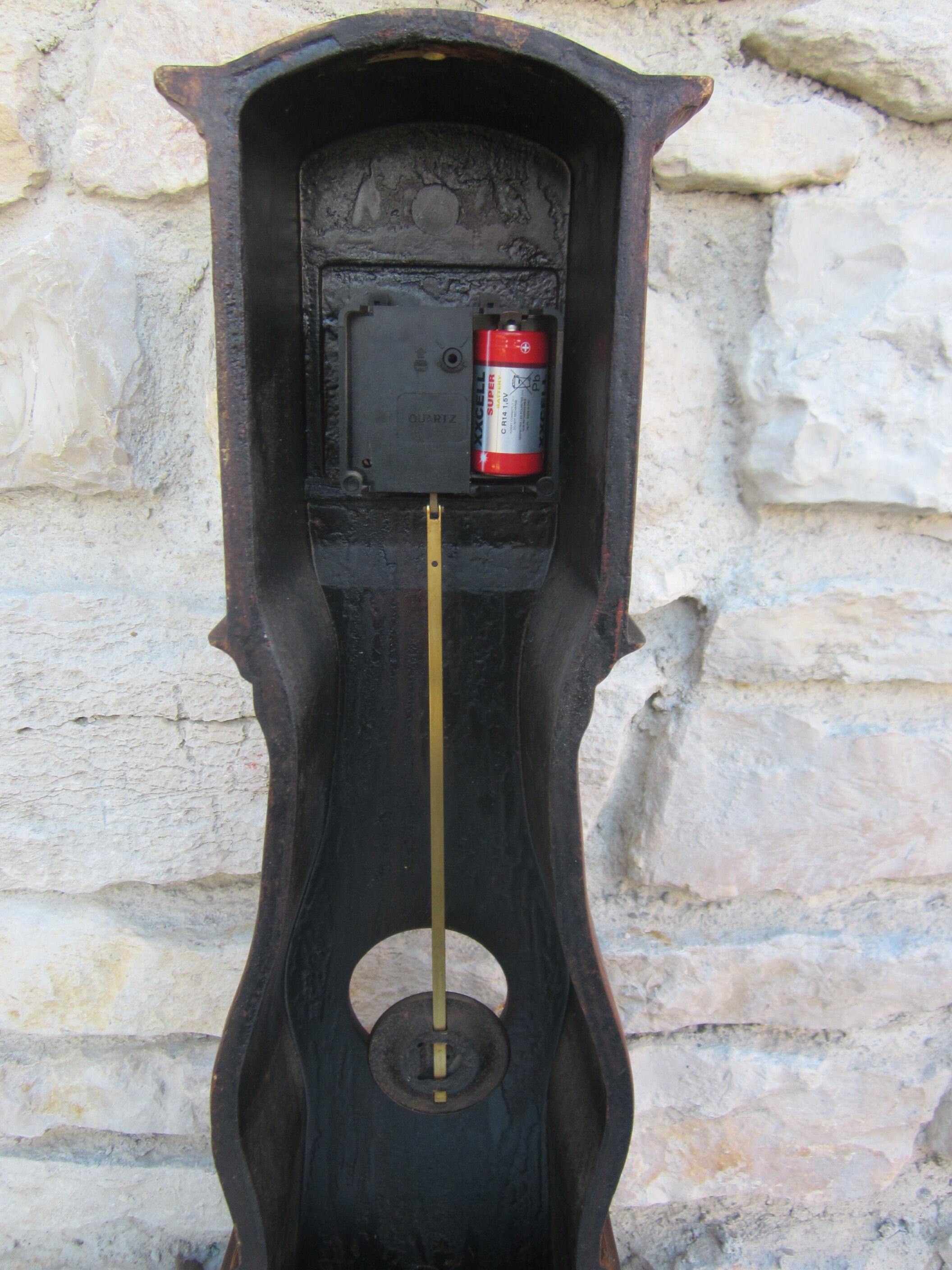 Wooden clock with balance wheel, battery operated