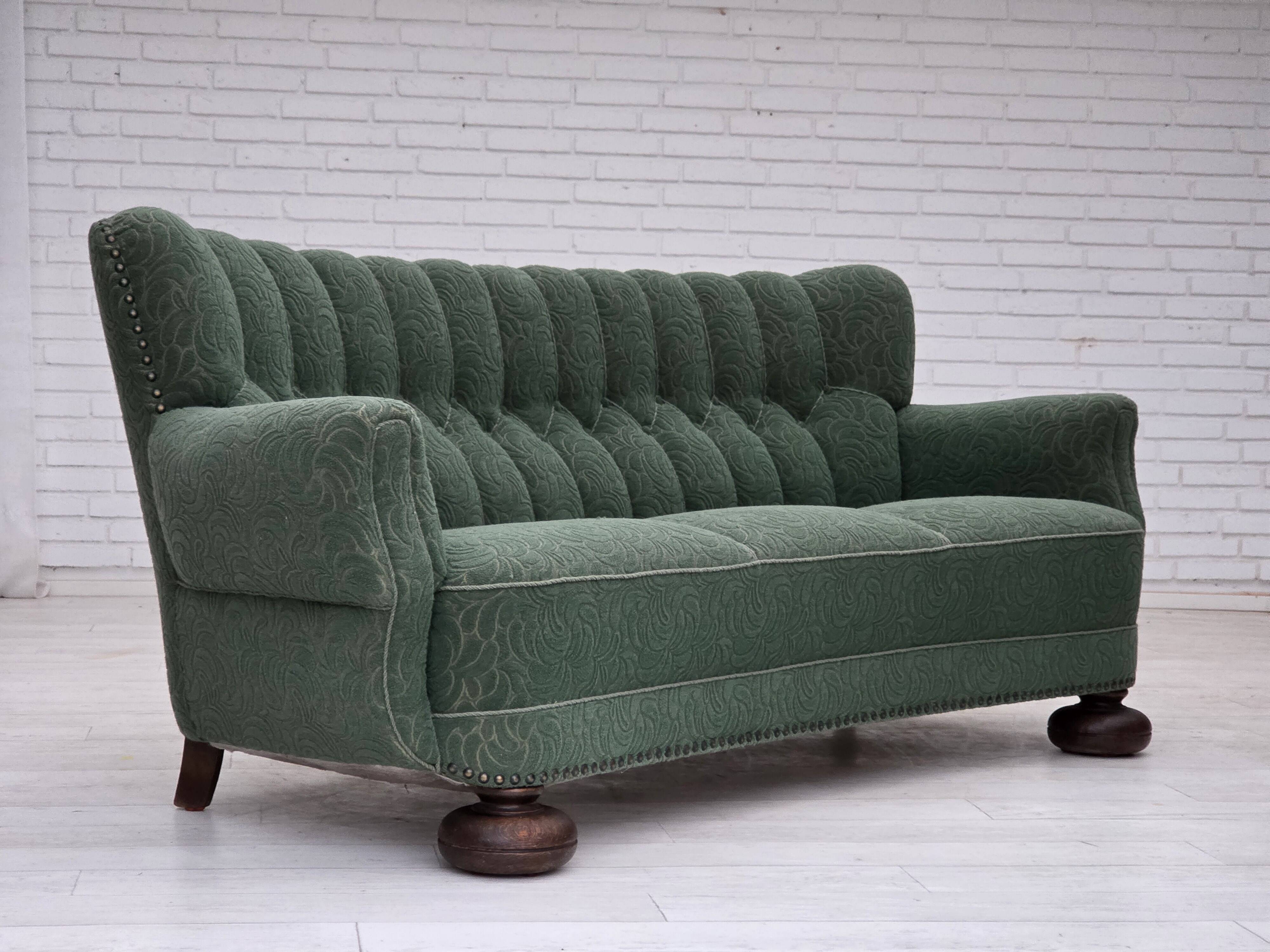 1960s, Danish 3-seater sofa, green furniture wool, oak wood.