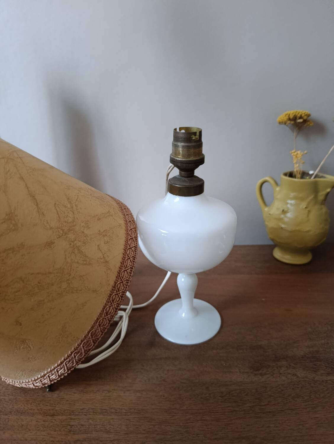 Retro white opaline table lamp, pigskin shade, 1950.