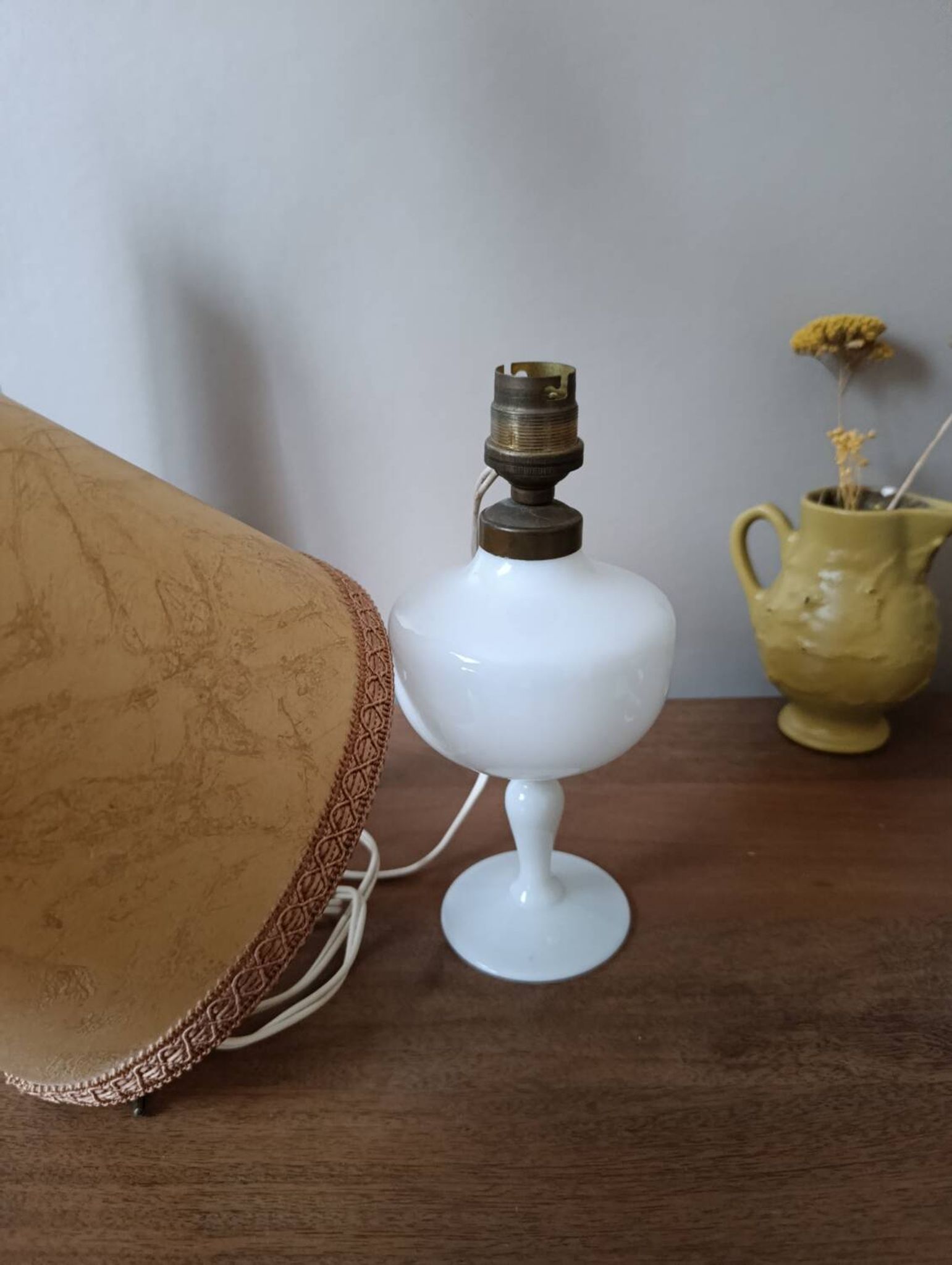 Retro white opaline table lamp, pigskin shade, 1950.