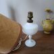 Retro white opaline table lamp, pigskin shade, 1950.