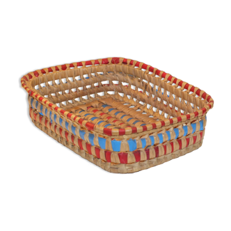 Vintage braided basket in raffia, blue and red