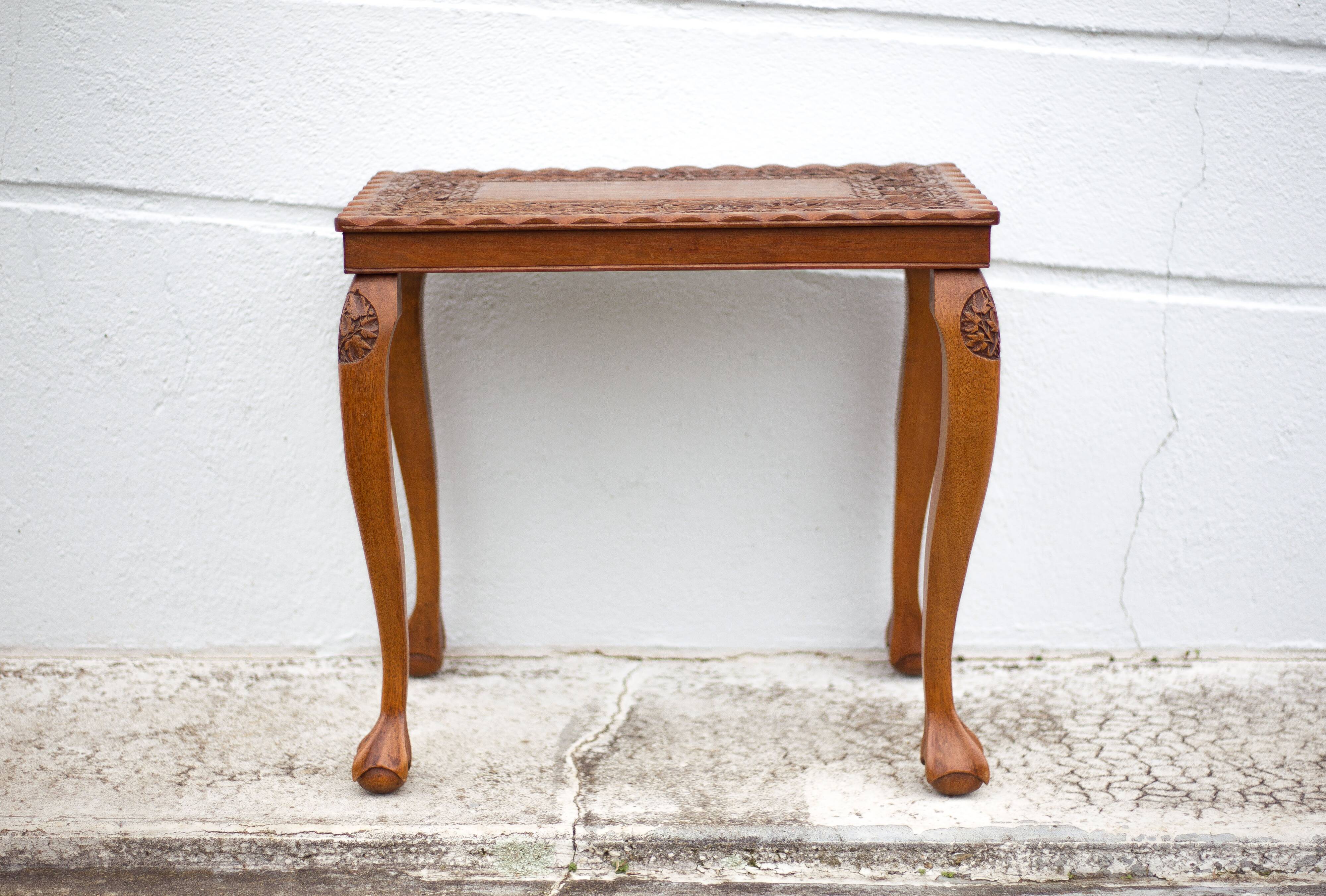 Handmade carved wooden pedestal table, vintage molded coffee table, claw foot table