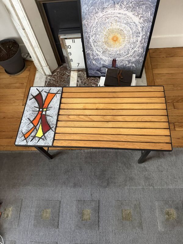 Table basse vintage années 1960 en bois, pierre de lave émaillée et fe