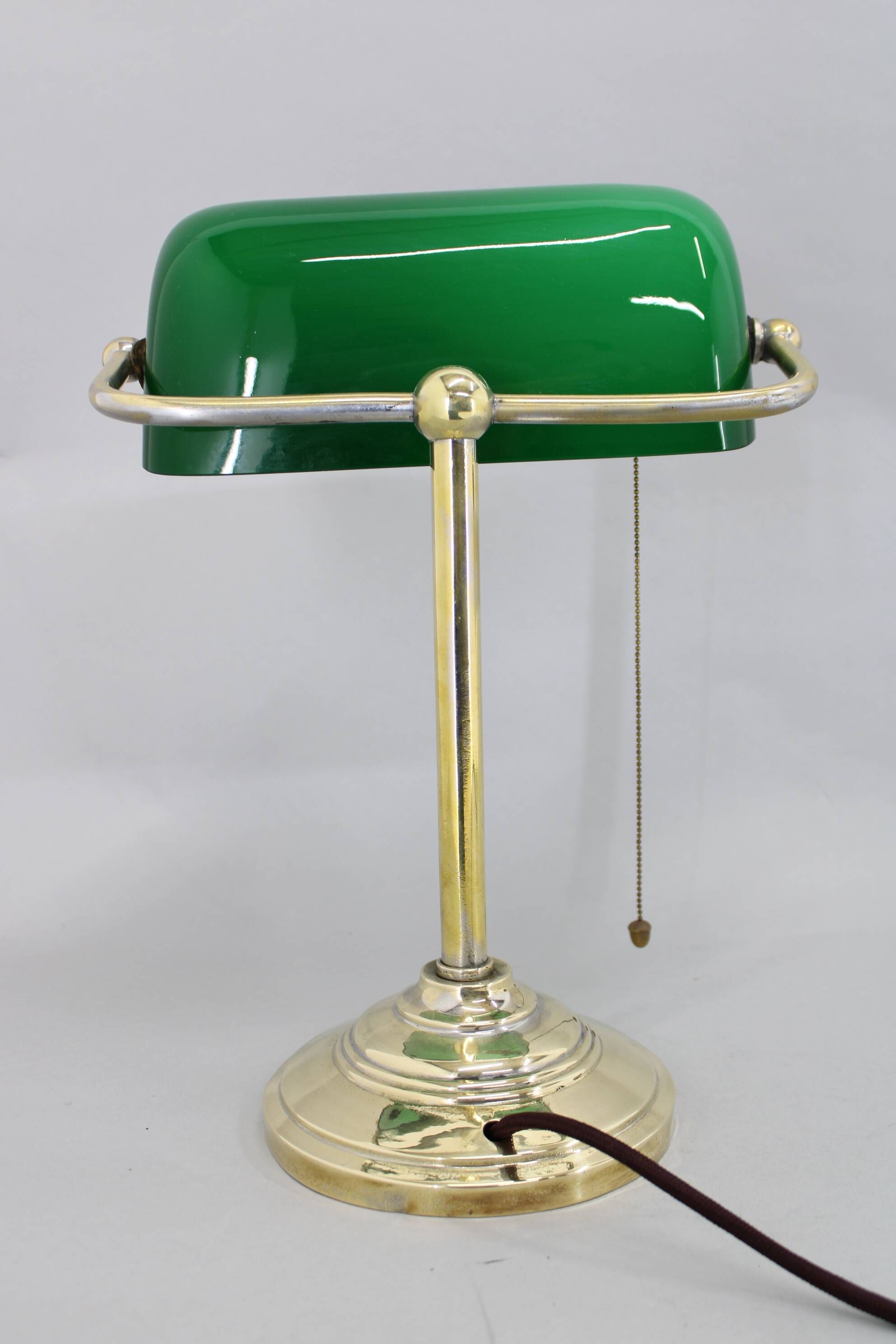 1930s Art Deco Brass  Banker Table Lamp with Glass Shade, Czechoslovakia