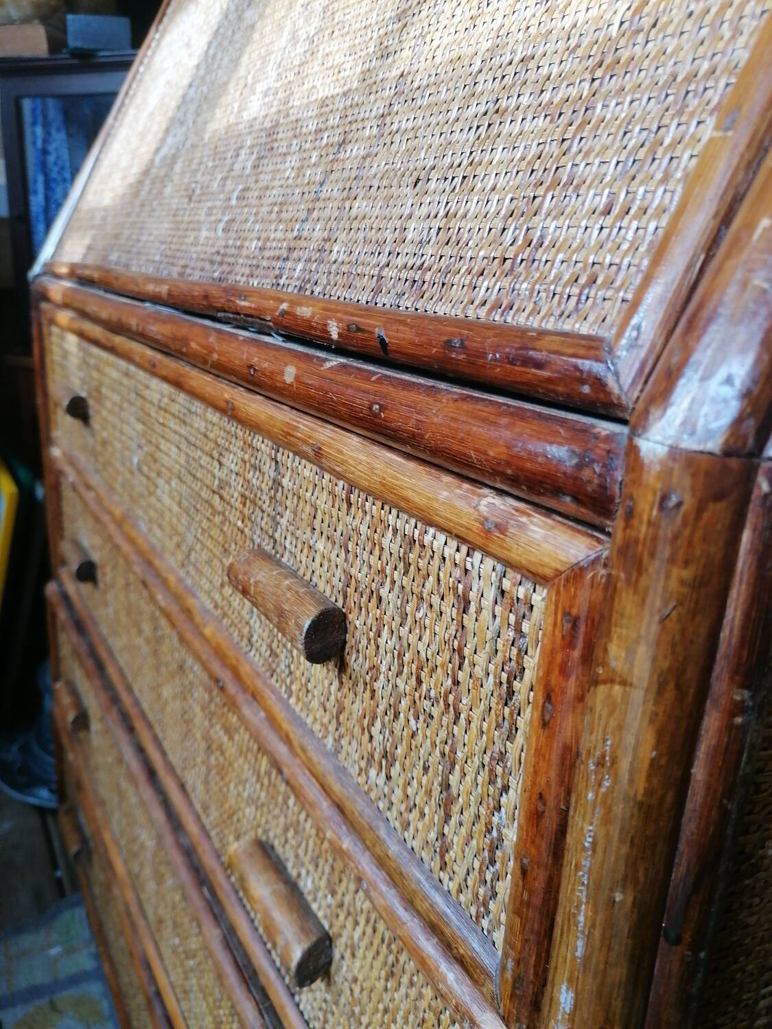 Rattan and wicker secretary chest of drawers