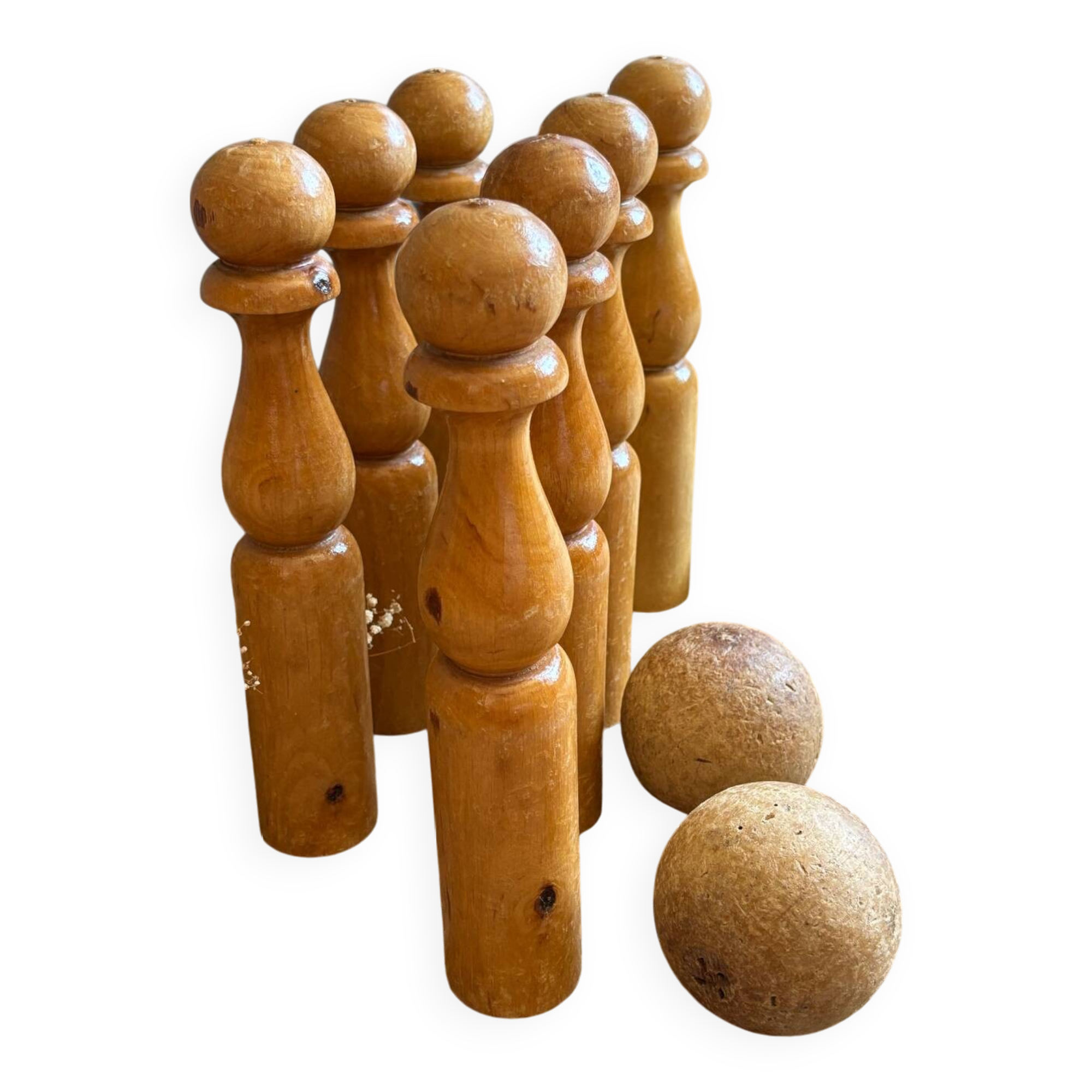 Old wooden bowling pins