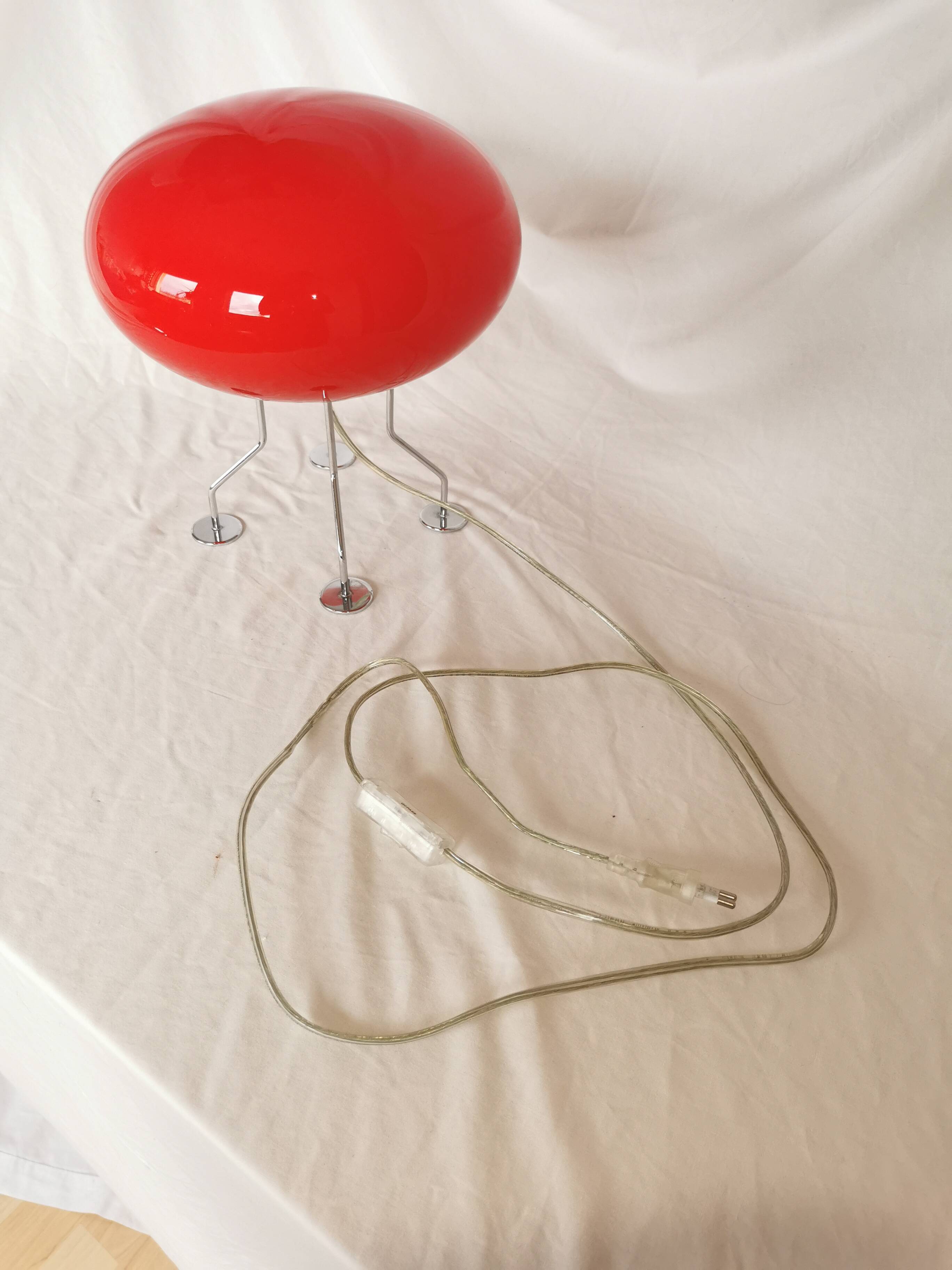 Red ufo mushroom lamp, space age, opaline and chrome steel.