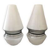 Duo of art-deco tulips in frosted white and transparent glass with black edging
