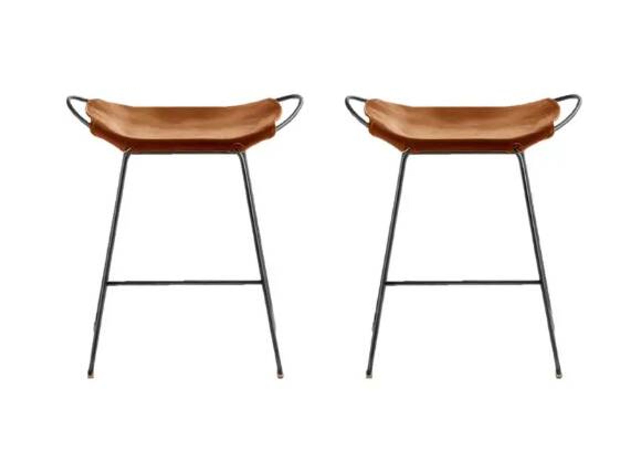 Pair of contemporary bar stools in cognac and smoked black.