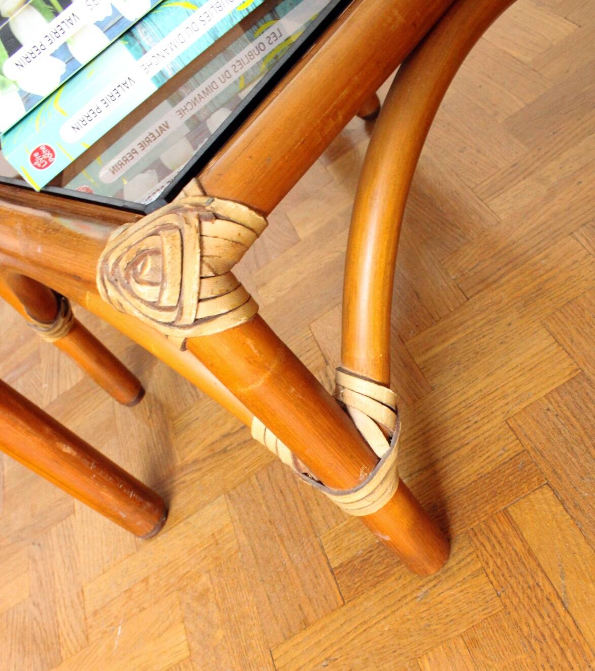 Rattan and smoked glass coffee table set