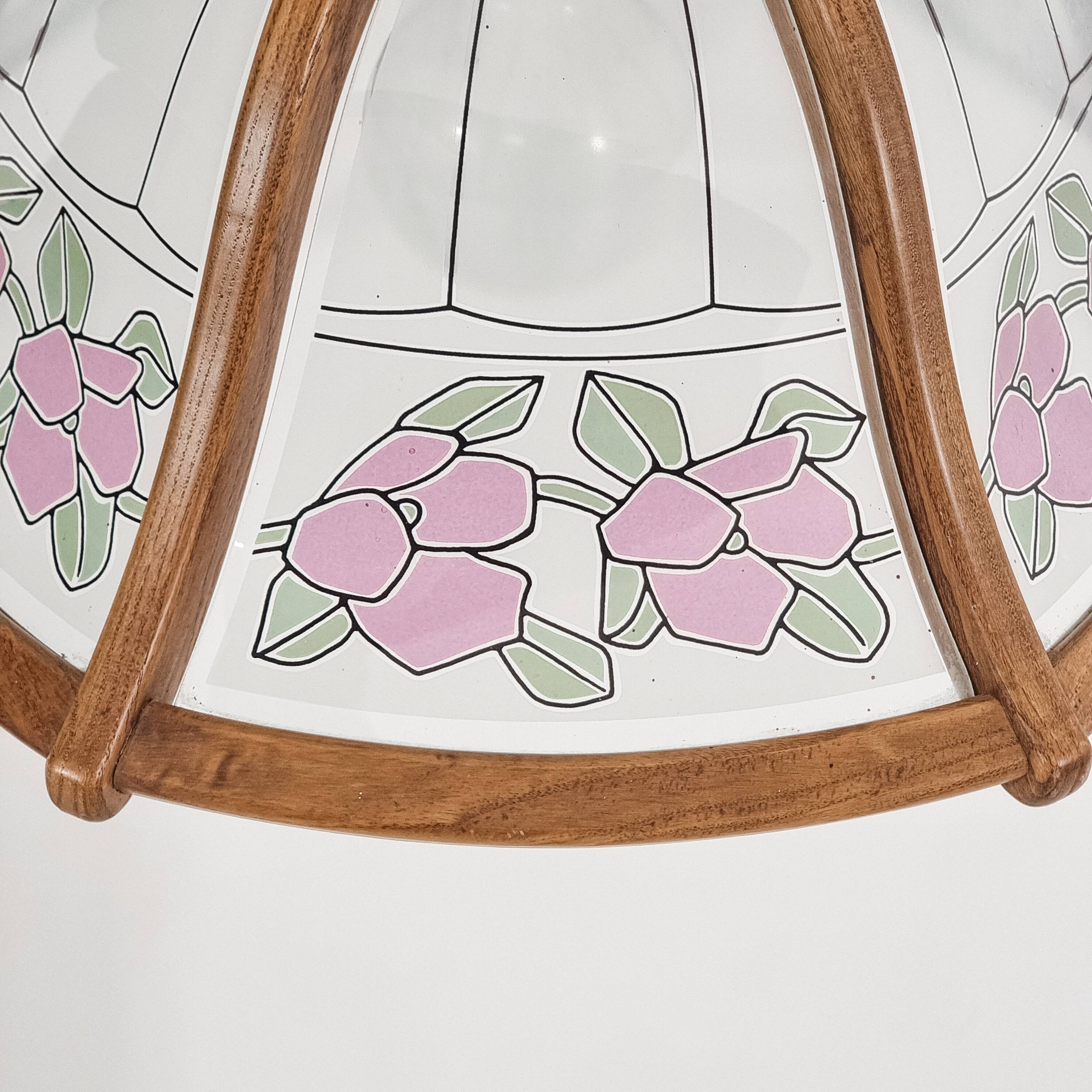 Art Nouveau style chandelier in wood and glass from the 1970s