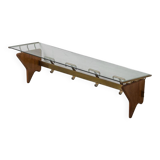 Wall coat rack in wood and glass, 1950s vintage modernism