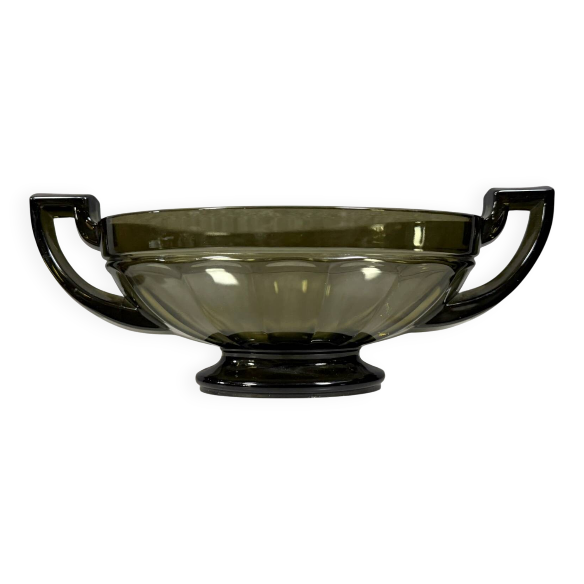 Coupe, centre de table en verre vert pressé Val Saint Lambert