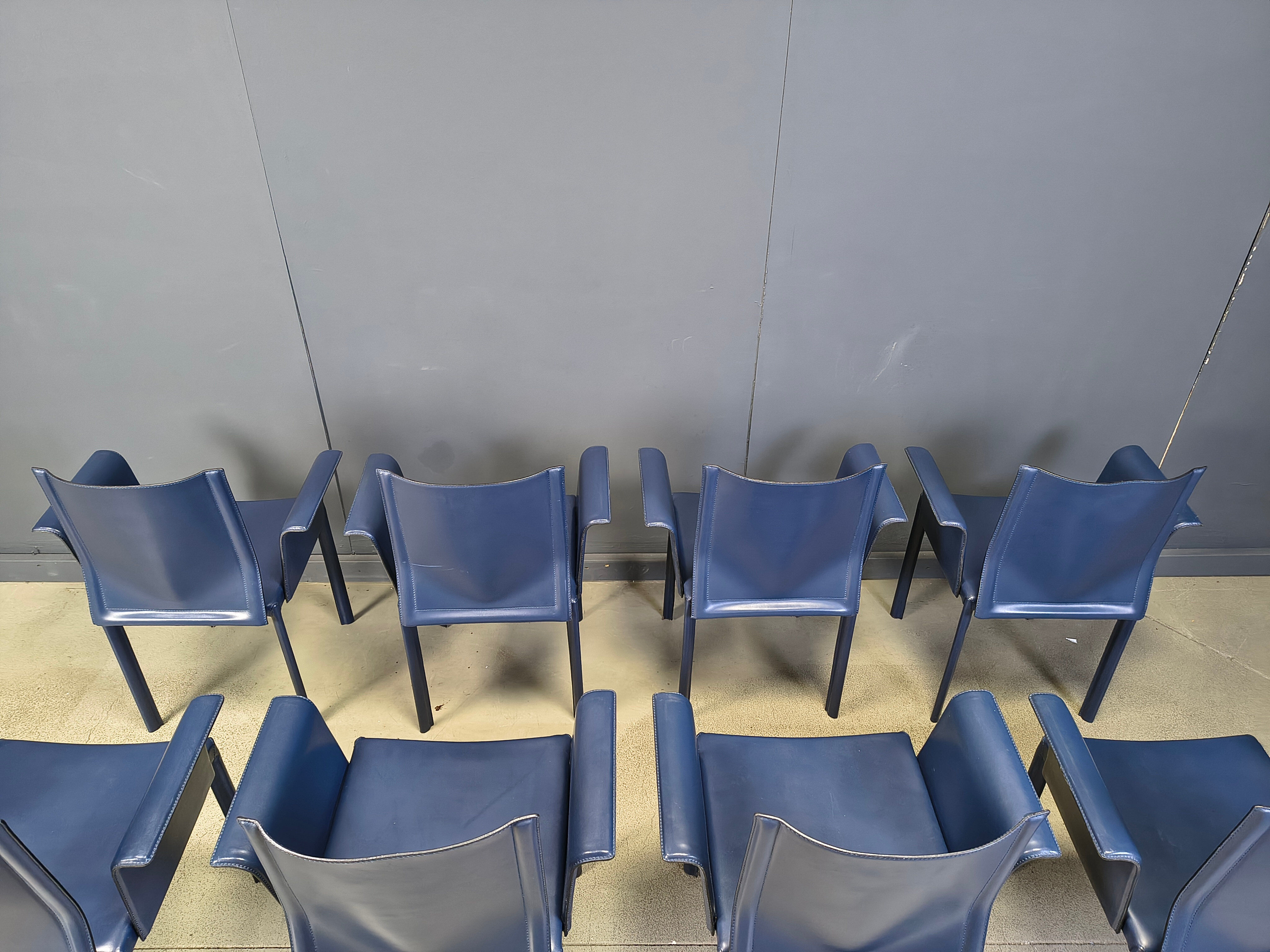 Postmodern blue leather dining chairs Italy, 1980s set of 8