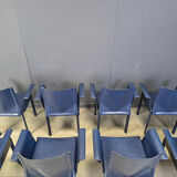 Postmodern blue leather dining chairs Italy, 1980s set of 8