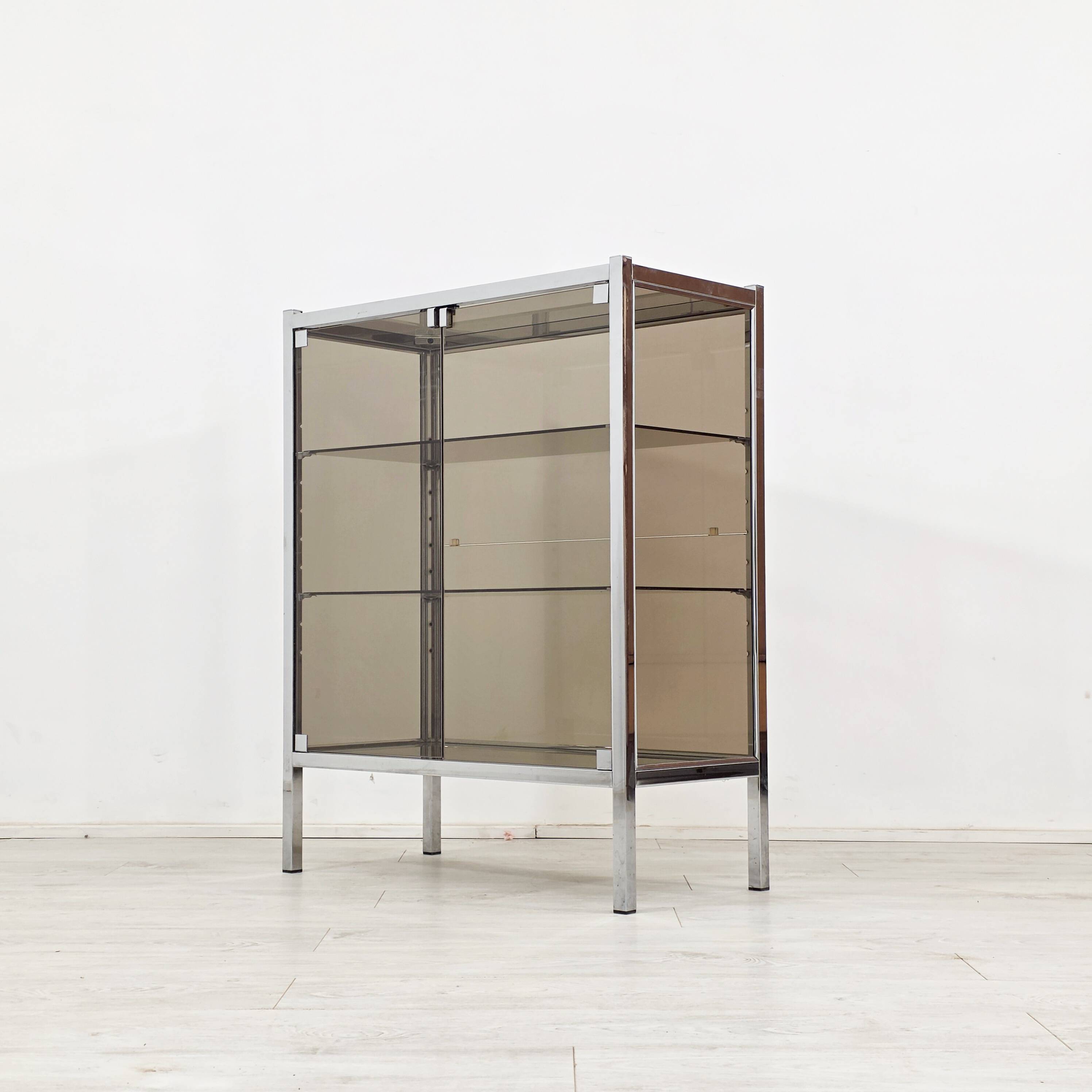 Chrome metal display cabinet with smoked glass – modernist design, 1920s.