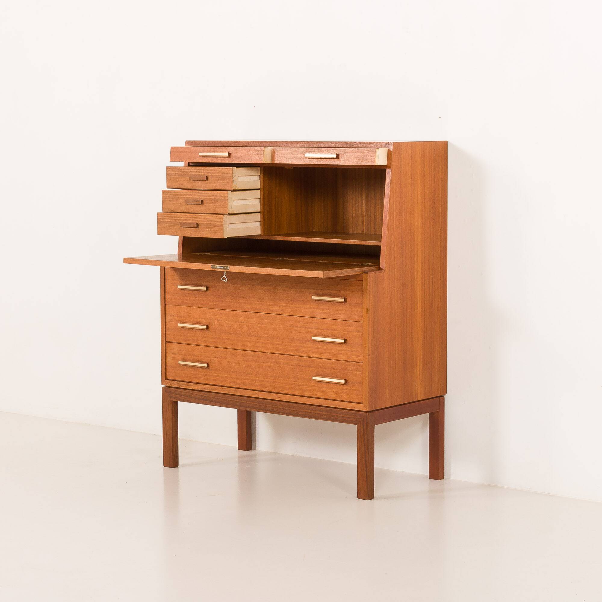 Danish mid century teak secretaire with brass inlays, 1960s