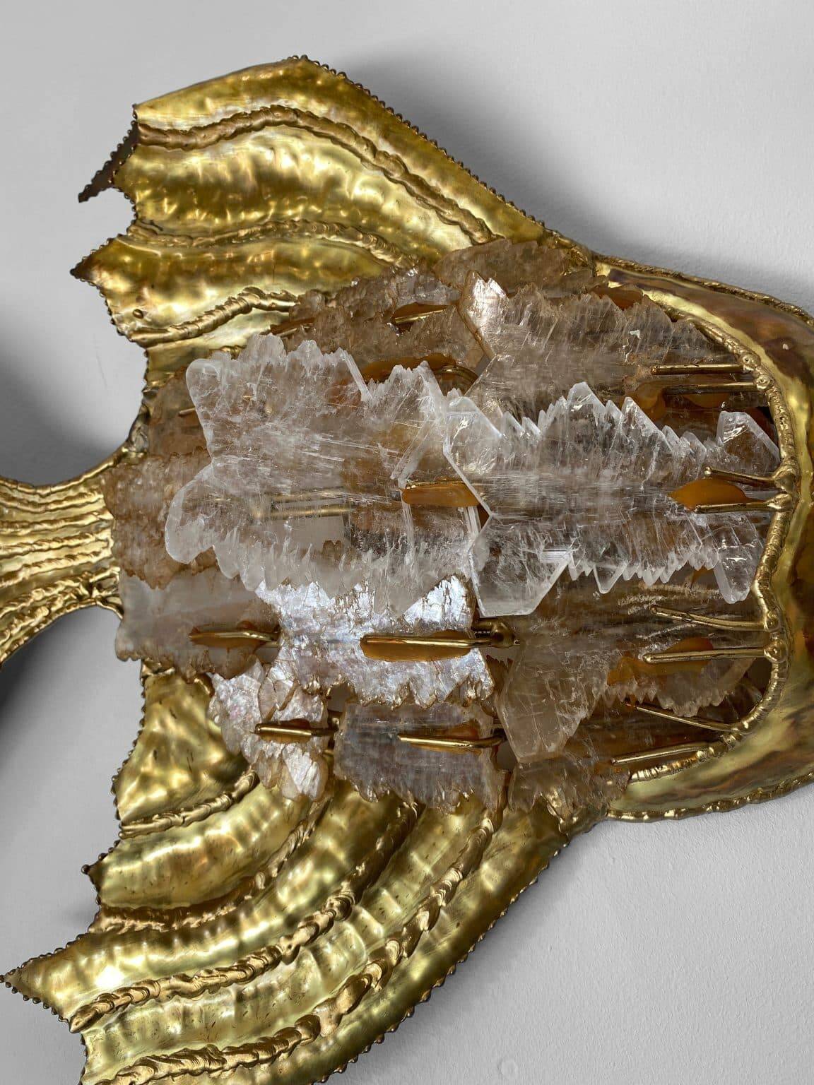 Vintage brass and stone fish-shaped wall light, 1970s