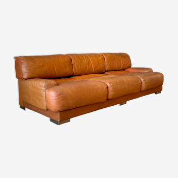 Vintage 3-seater sofa Gérard Guermonprez, fawn leather and stainless steel, France 170