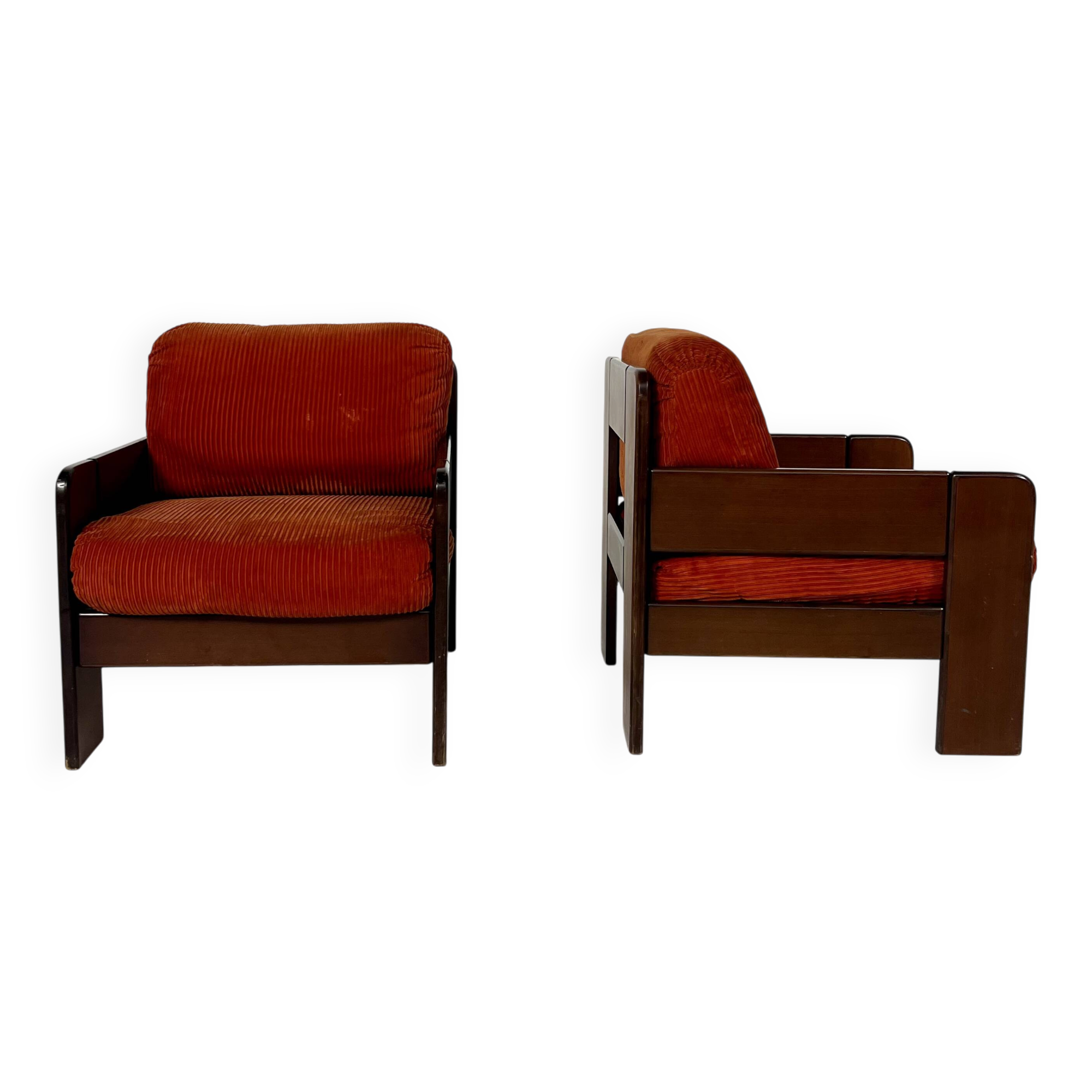 Mid-Century Armchairs, Original Orange Velvet, Italy, 1970s