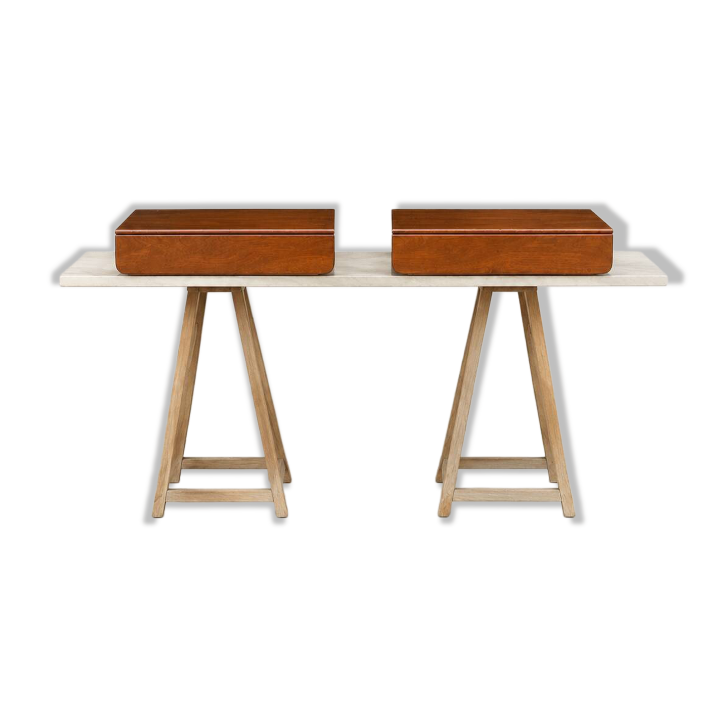 Pair of modernist wooden wall-mounted bedside tables – 1960s