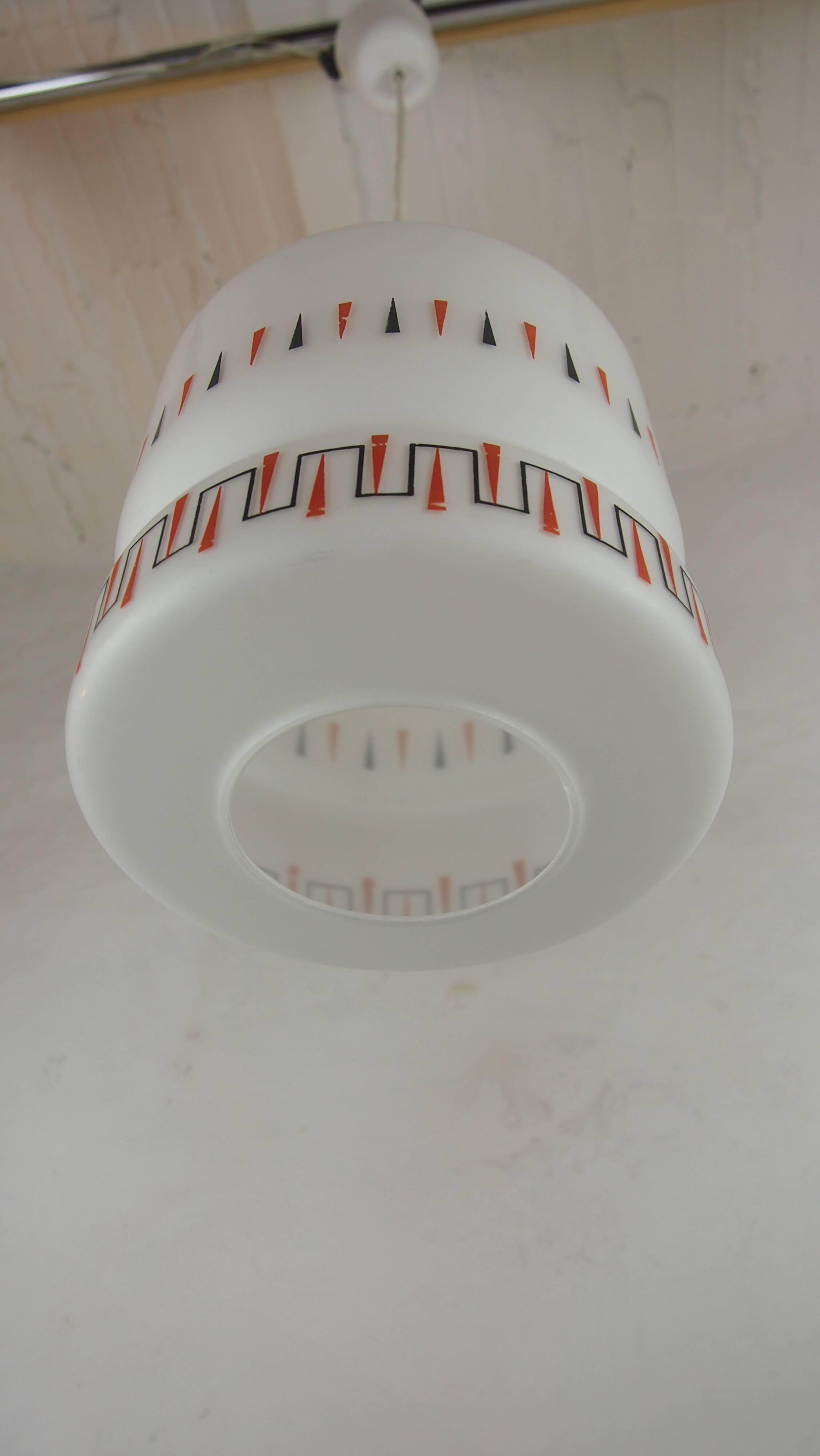 Vintage opaline glass pendant light with geometric design, 1960s Lunel style