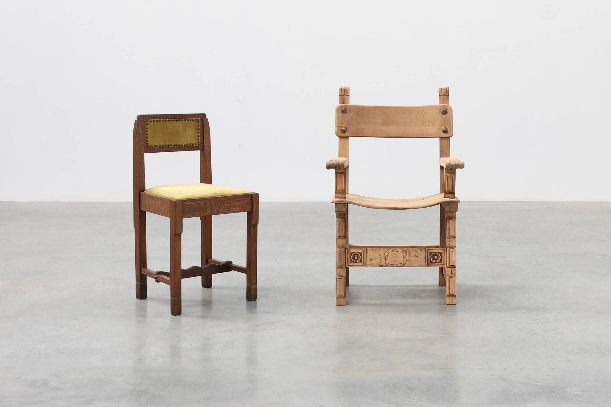 Brutalist armchair with carved rosettes and nailed wooden seat, Spain, 20th