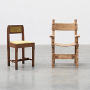 Brutalist armchair with carved rosettes and nailed wooden seat, Spain, 20th