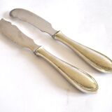 Two antique service knives in silver-plated metal, pearl frieze gowe alpacca.