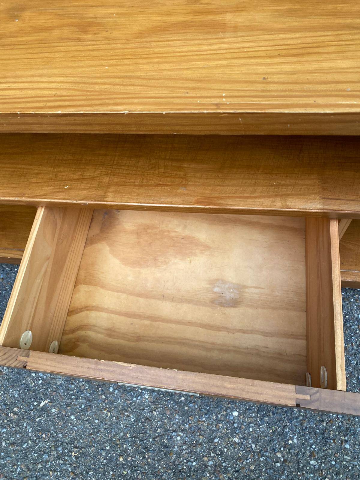 Solid pine wood TV unit stained with drawer and storage.