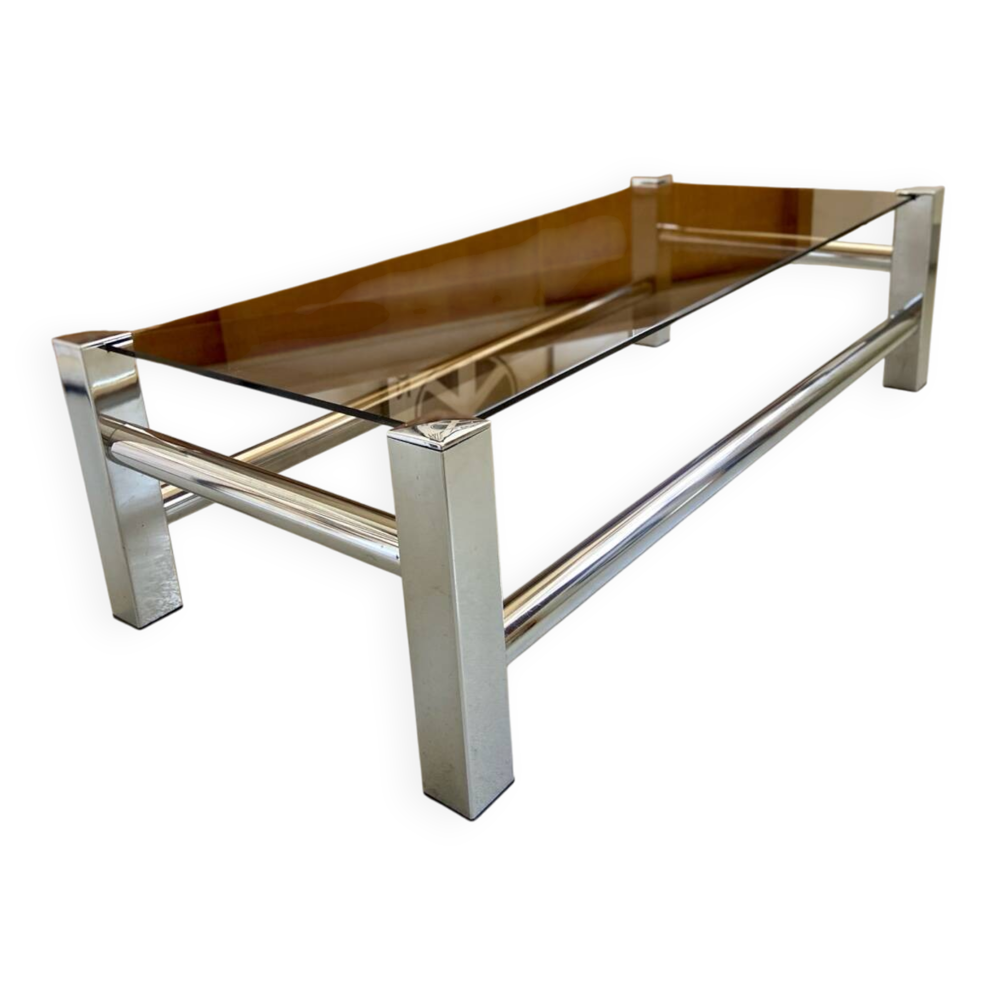 Vintage chrome metal table / smoked glass 1970