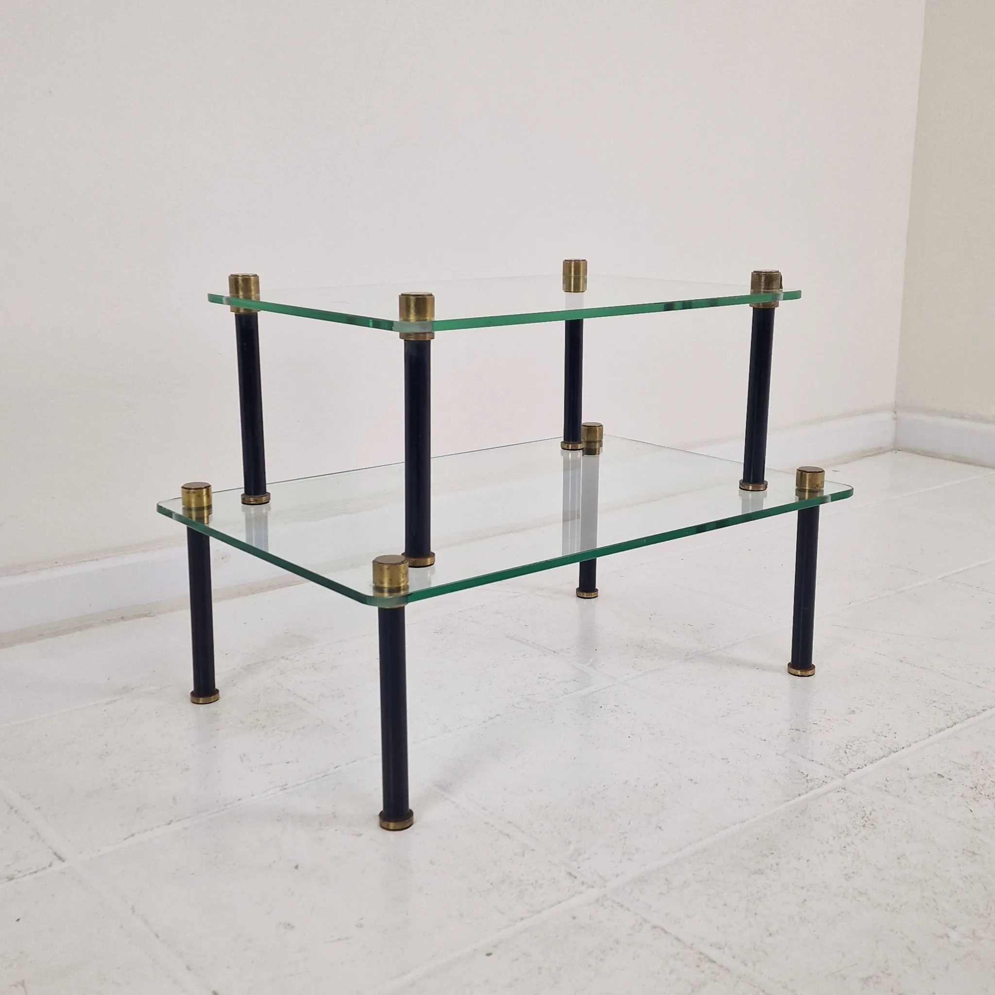 French Modernist Glass and Brass Display Tables with 'P. Andrieux', 1930's