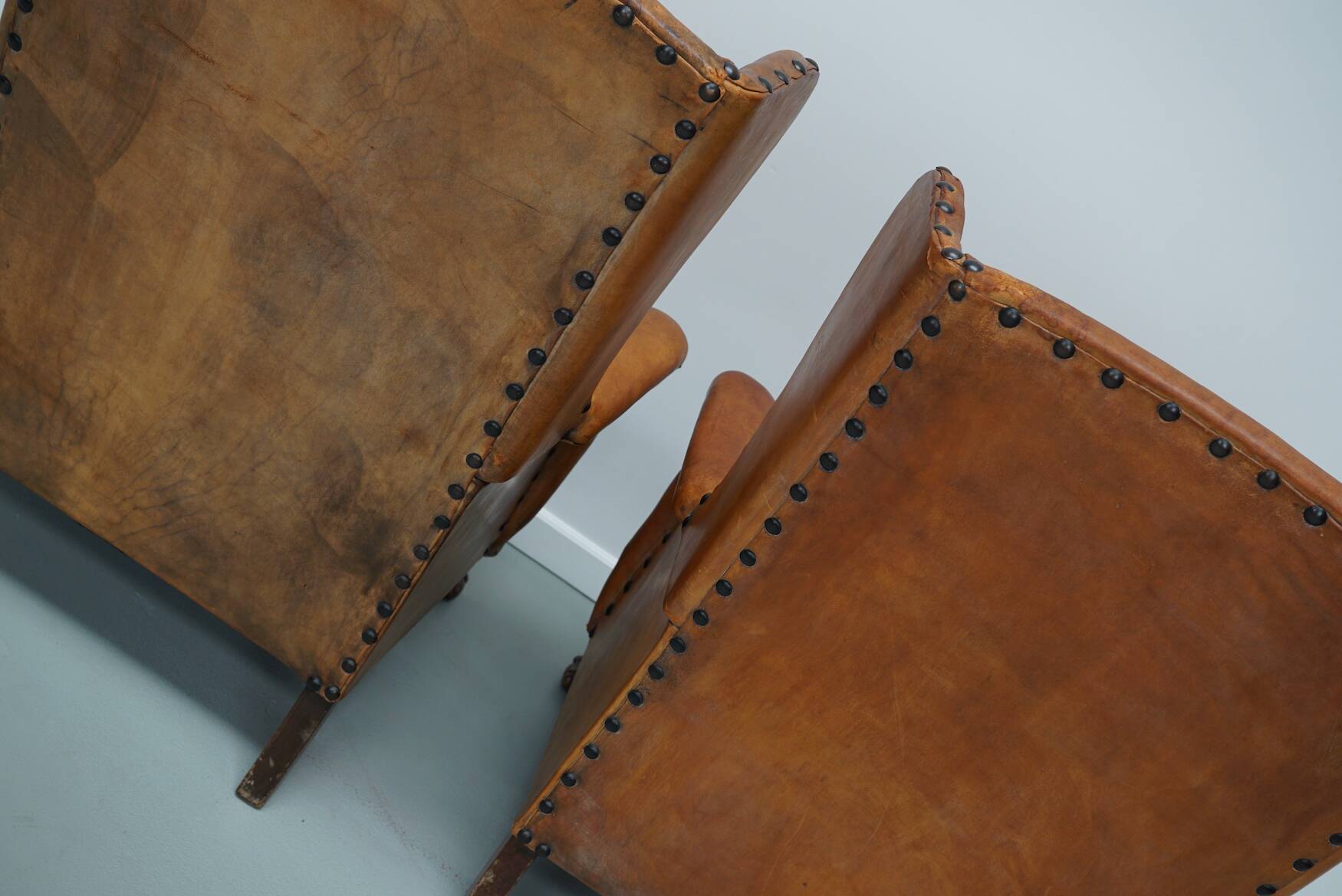 Old Patinated Dutch Cognac Colored Leather Club Chair, Set of 2