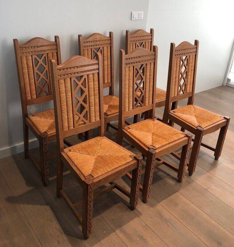 Lot de 6 chaises brutalistes en bois et rotin