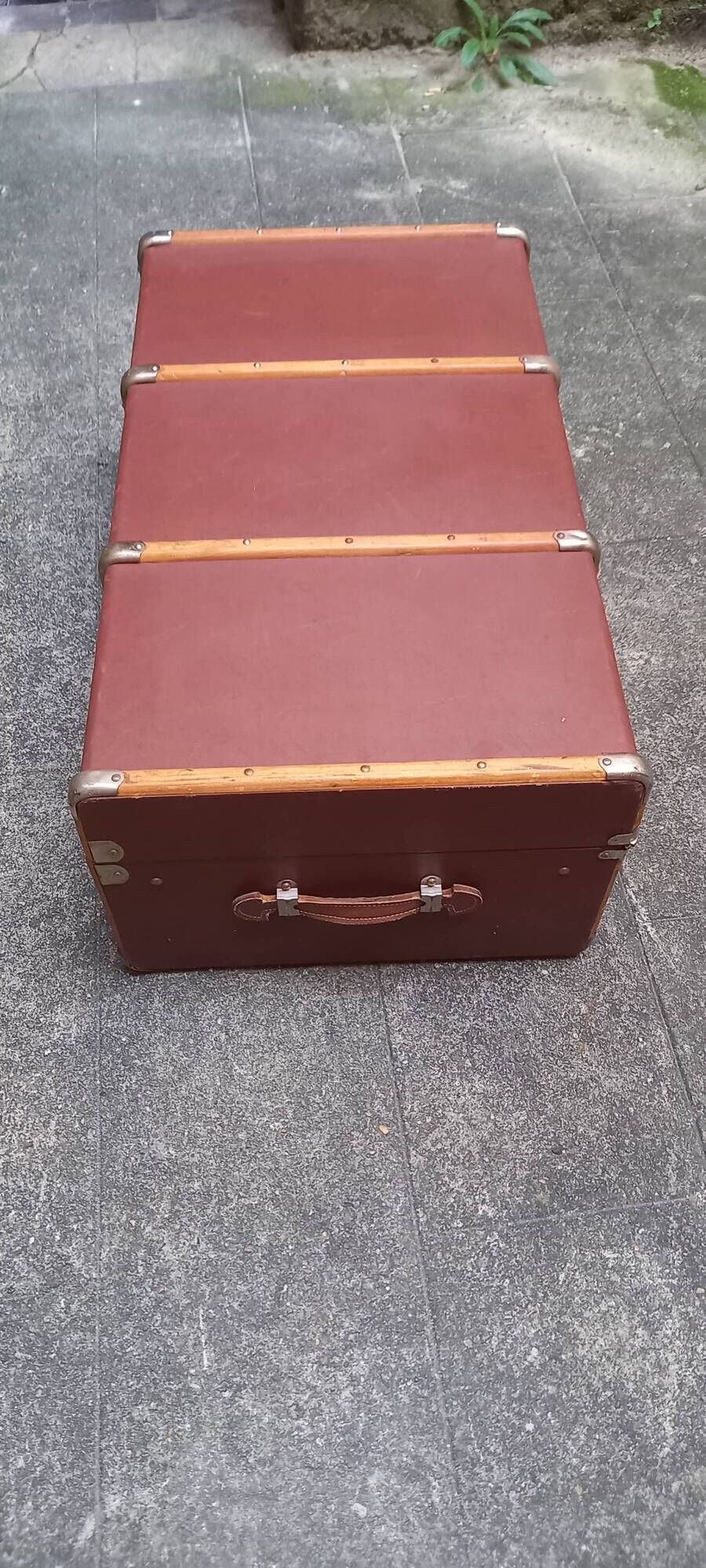 Old trunk, travel suitcase, with carrying handles and interior lockers, wooden reinforcements