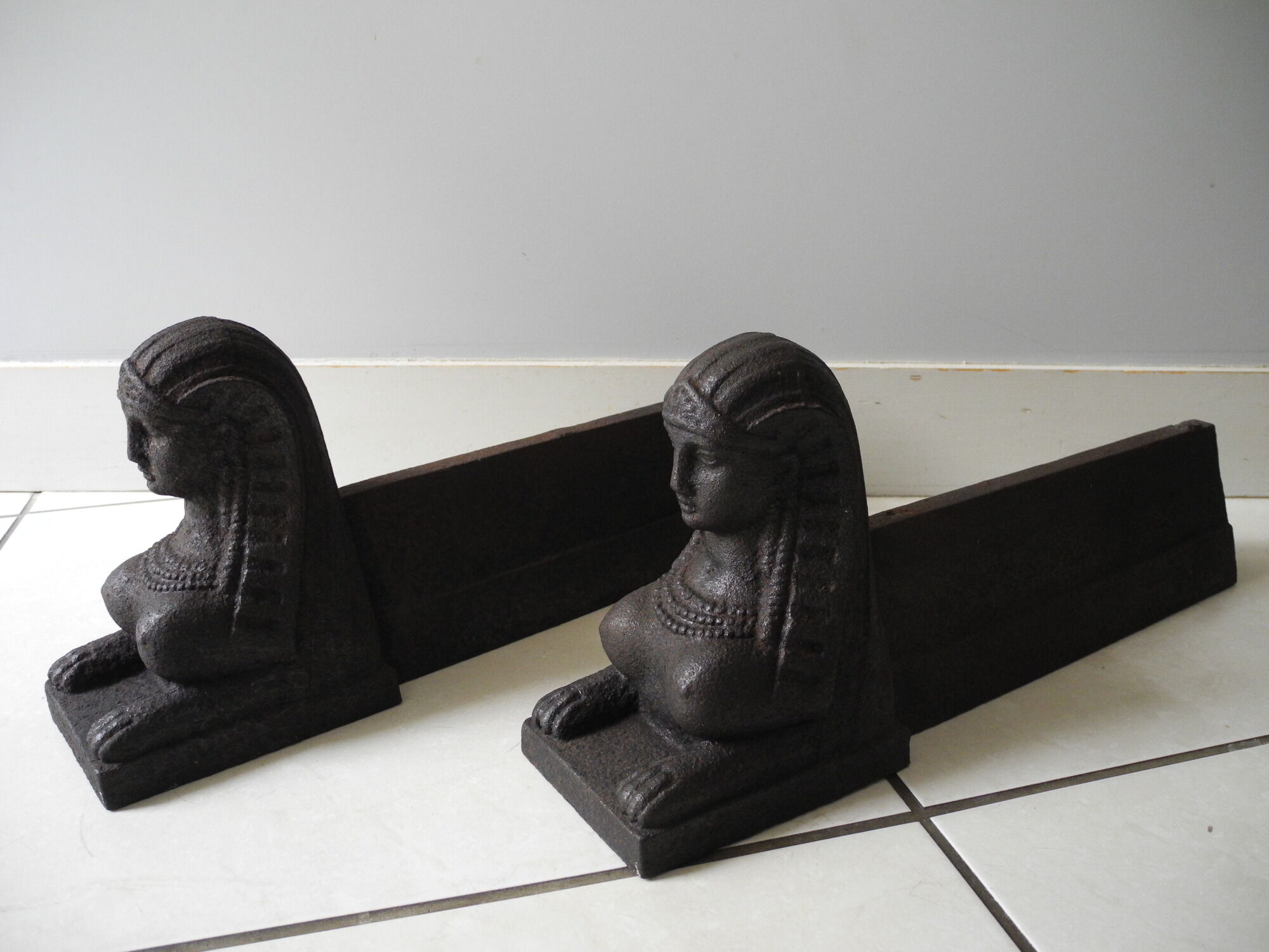 Pair of old chenets sphinx cast iron deco back from egypt