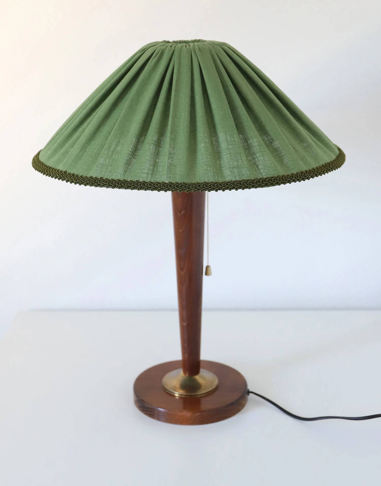 Recycled vintage lamp — spindle wooden base, pleated green linen shade