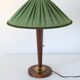 Recycled vintage lamp — spindle wooden base, pleated green linen shade